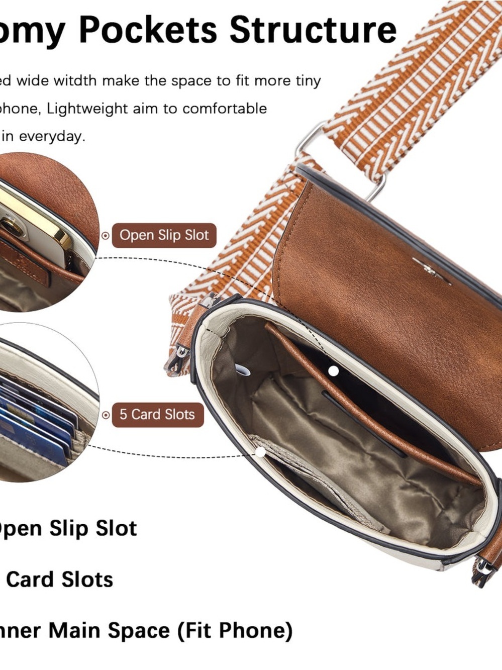 Bostanten Crossbody Front Magnetic Flap Handbag Brown/Cream Guitar Strap - Picture 3 of 13